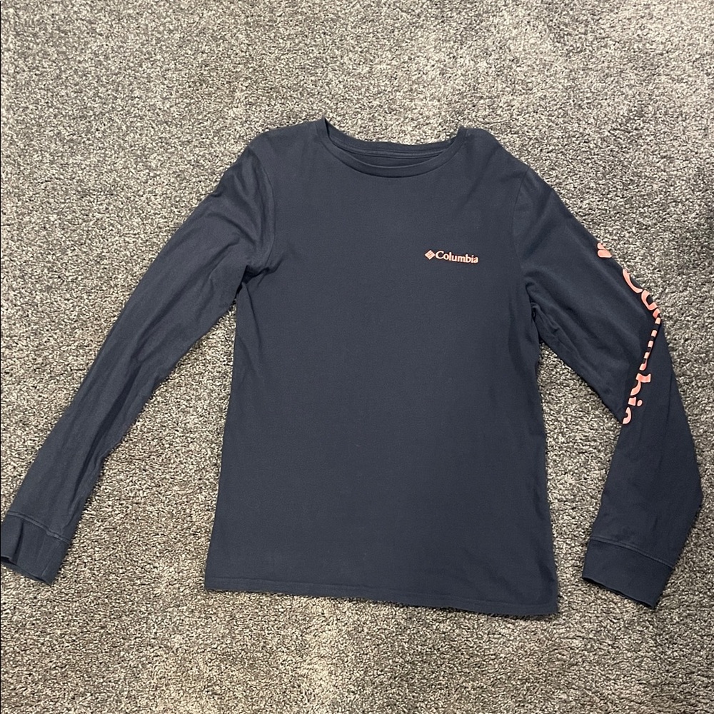 Columbia Sportswear navy longsleeve tshirt, peach/orange writing, men size S
